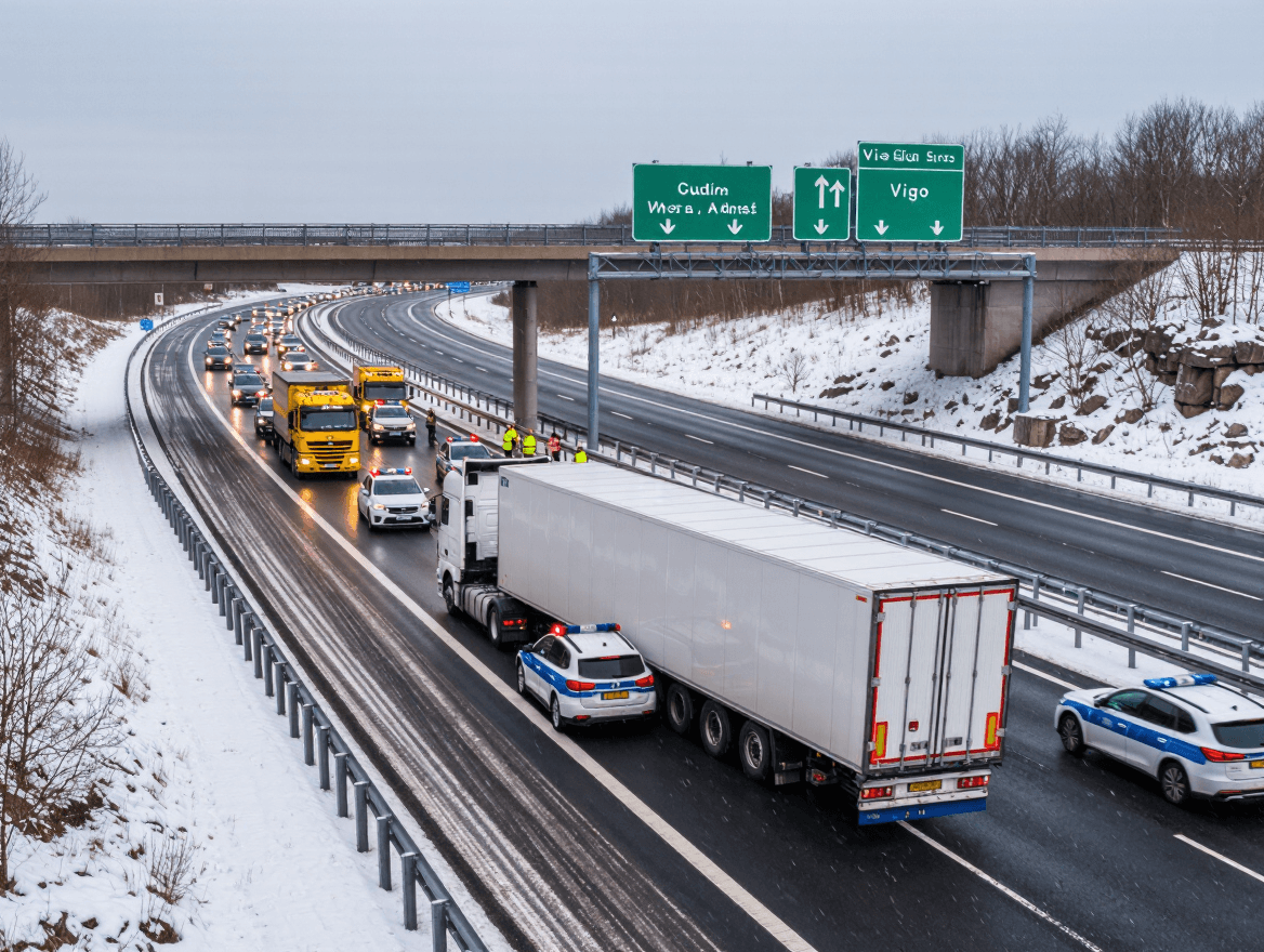 A-52 westbound at A Gudiña shut after snow-related truck accident en route to Vigo
