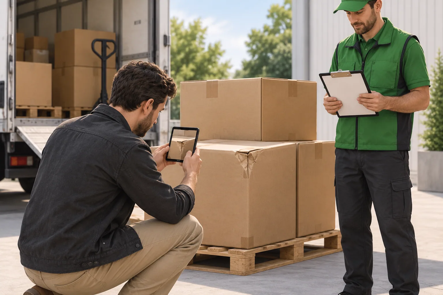 A recipient photographing a dented carton while a worker holds the delivery record