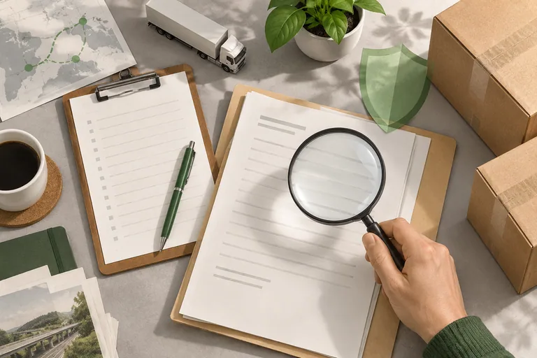 A document folder, clipboard and magnifying glass beside packed cartons