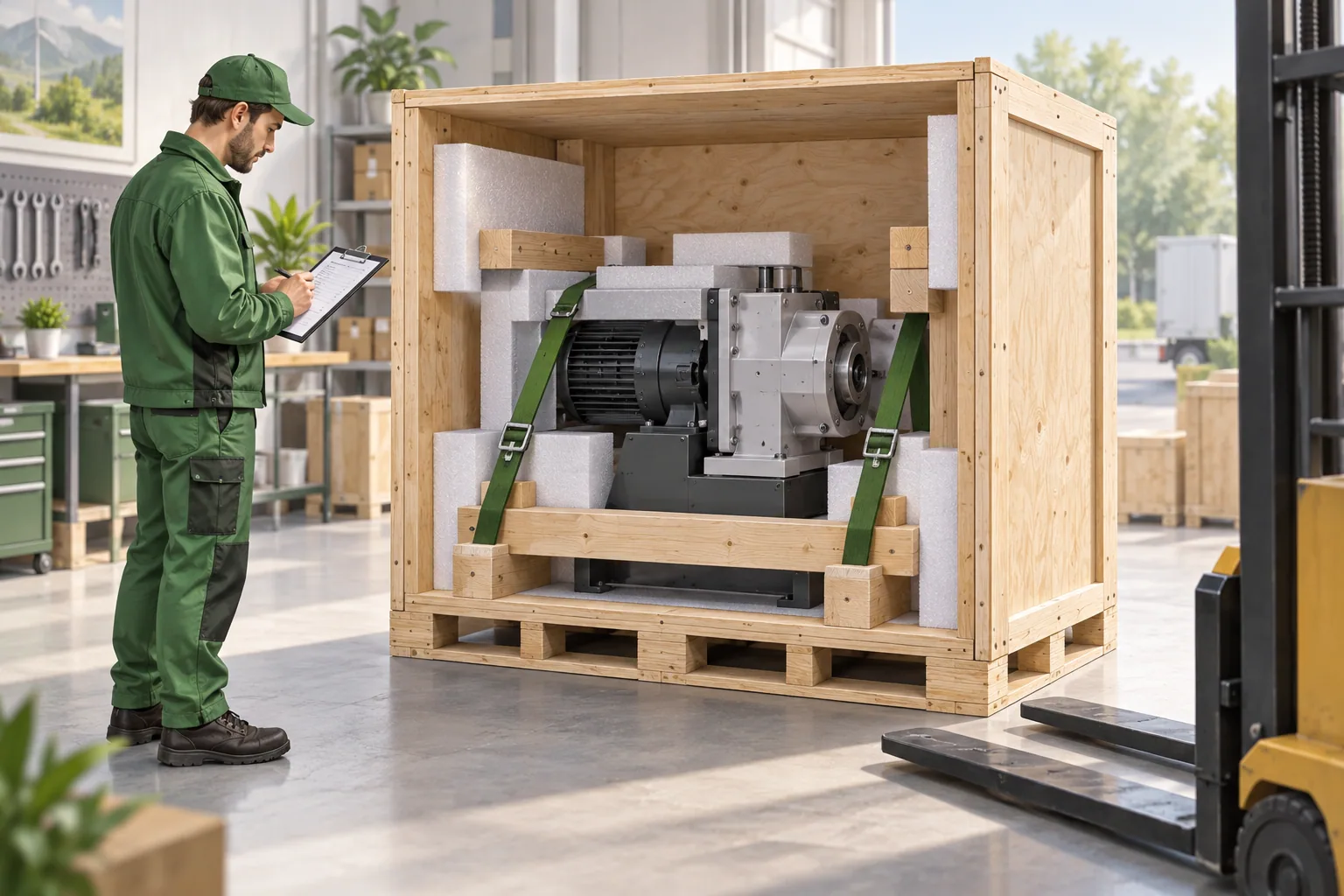 An industrial machine supported in a shipping crate while a specialist checks a clipboard