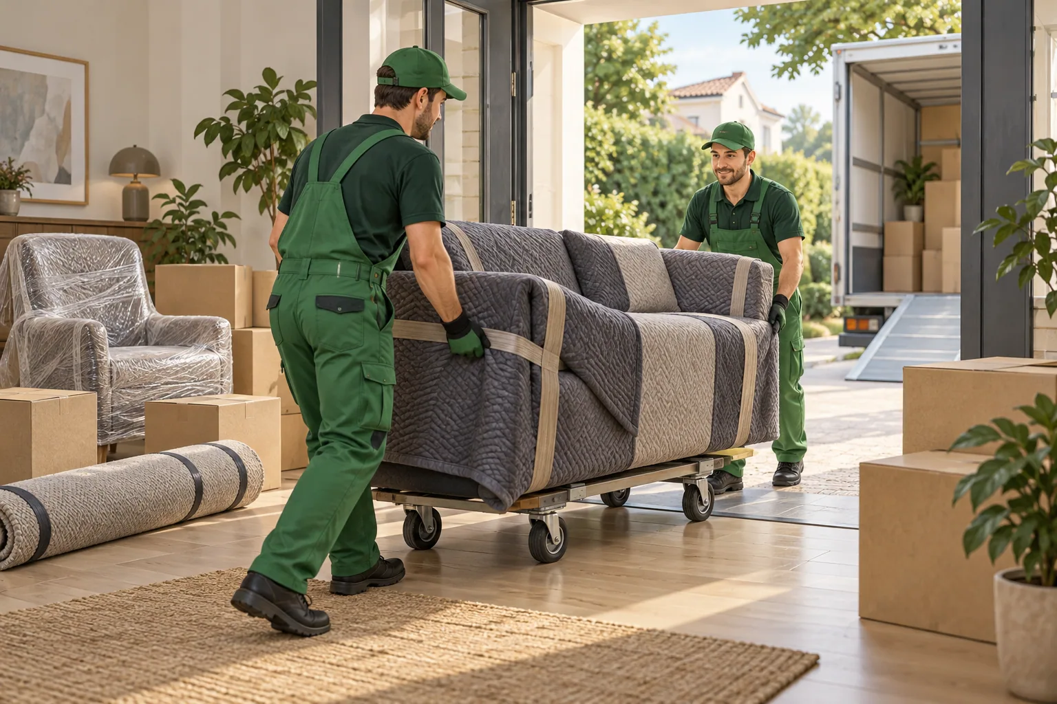 Stěhováci protahují chráněnou pohovku a zabalený nábytek širokým průchodem