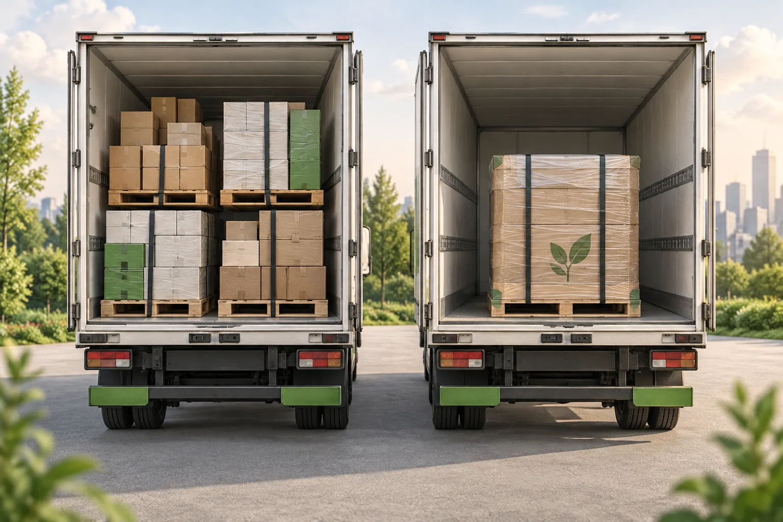 Two illustrated truck compartments showing shared pallet loads and one dedicated shipment