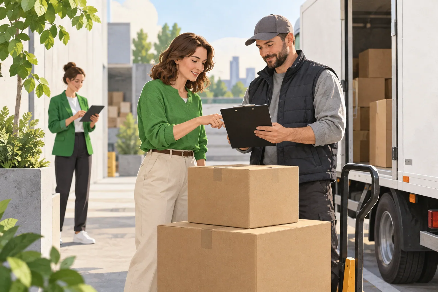 A shipper and carrier checking packed cartons and a delivery record beside a truck