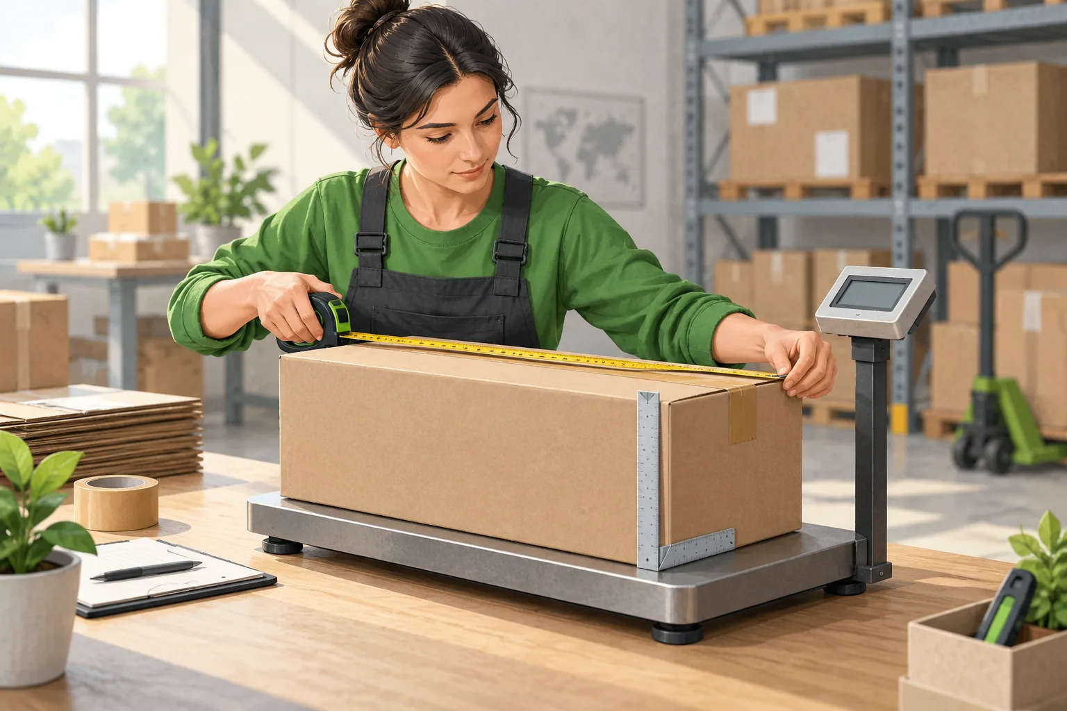 A specialist measuring a carton on a platform scale