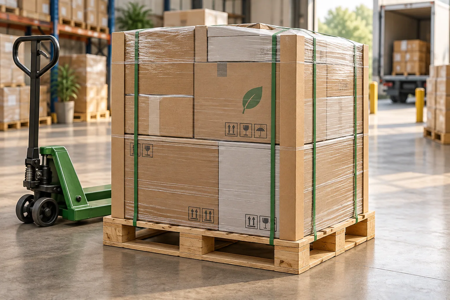 Cartons secured on a wooden pallet with wrap, protectors and a pallet jack
