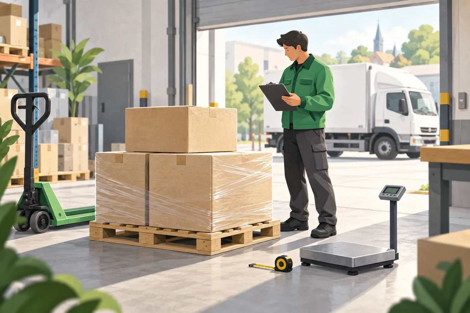 A shipping specialist checking packed cartons, a tape measure and a floor scale in a warehouse