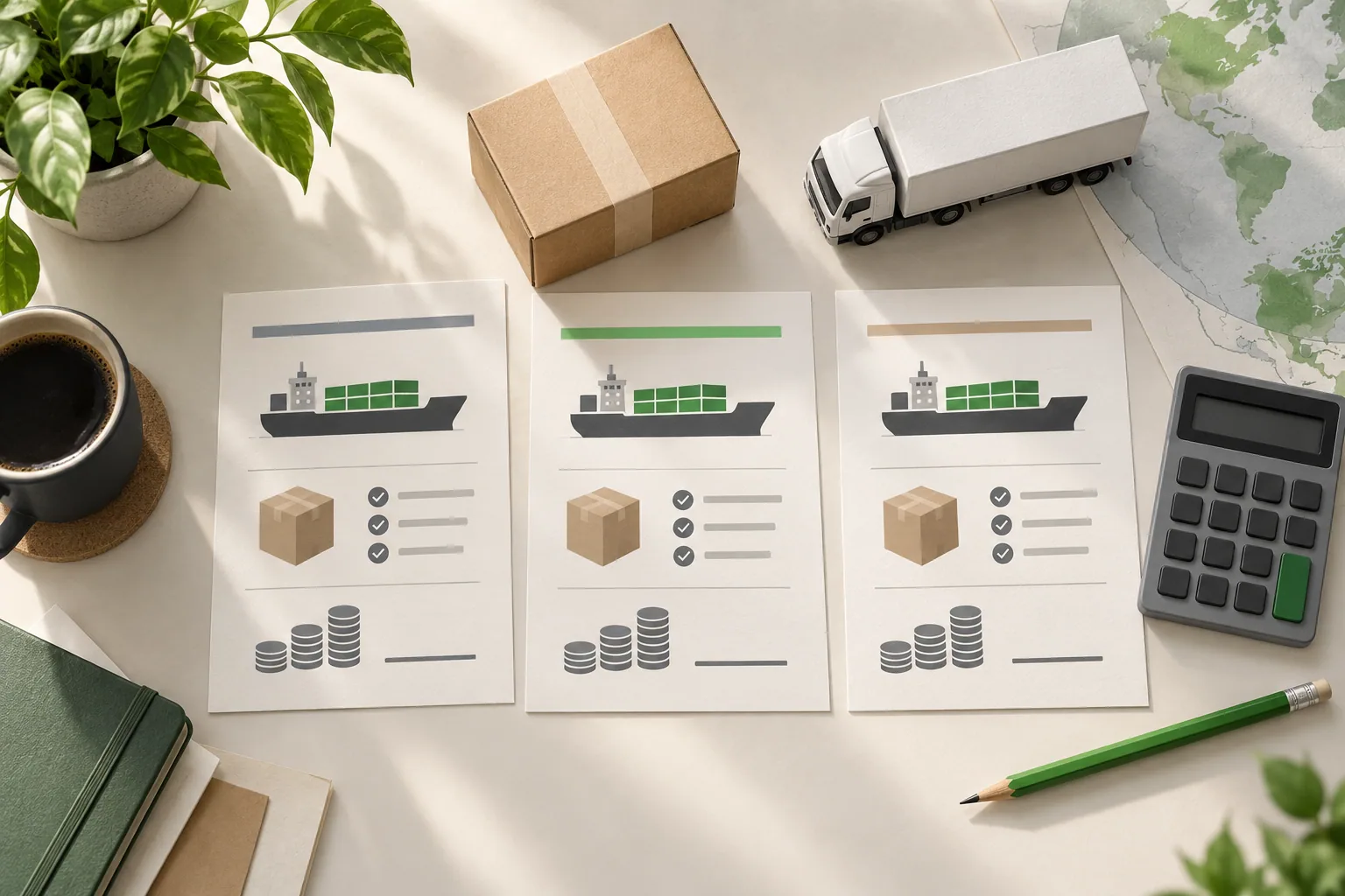 Three quotation sheets, a calculator and a small truck on a shipper’s desk