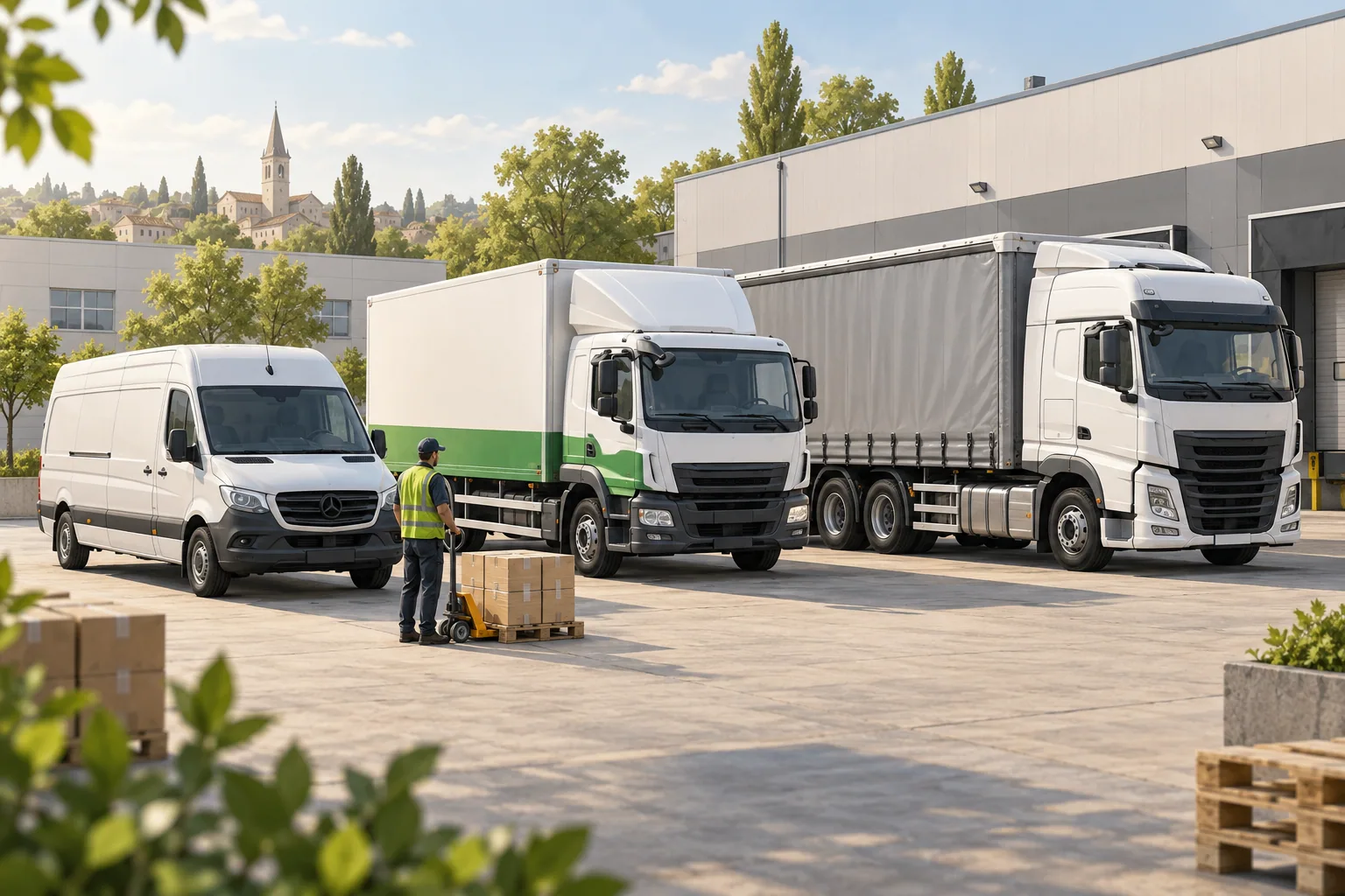 A panel van, box truck and articulated lorry in a logistics yard