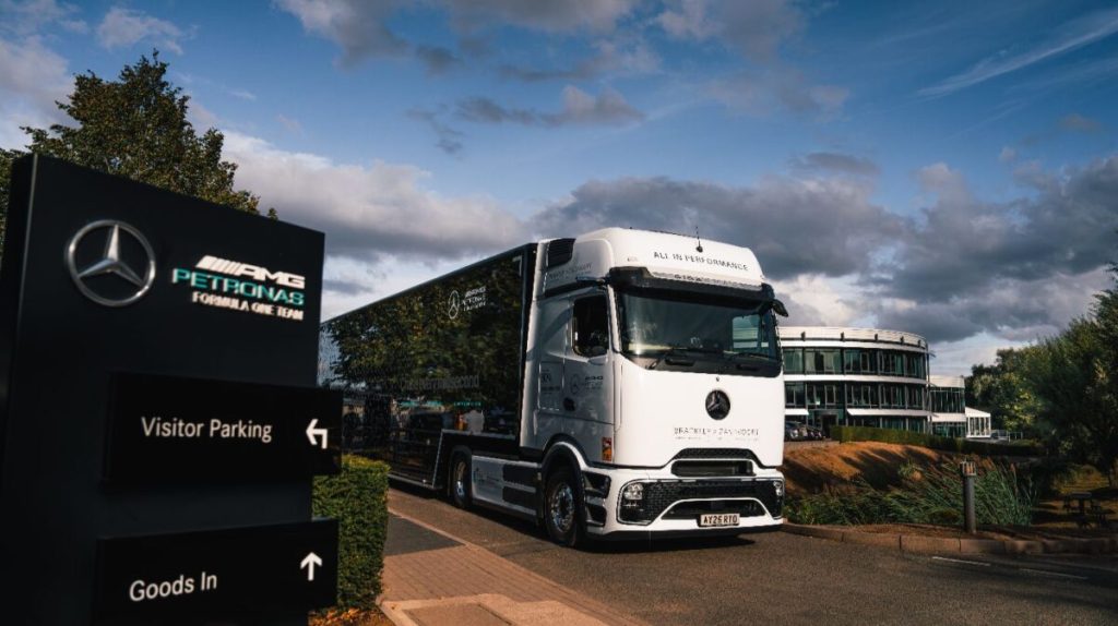Mercedes AMG PETRONAS Pioneers Electric Truck Logistics for Dutch Grand Prix Race Car Transport