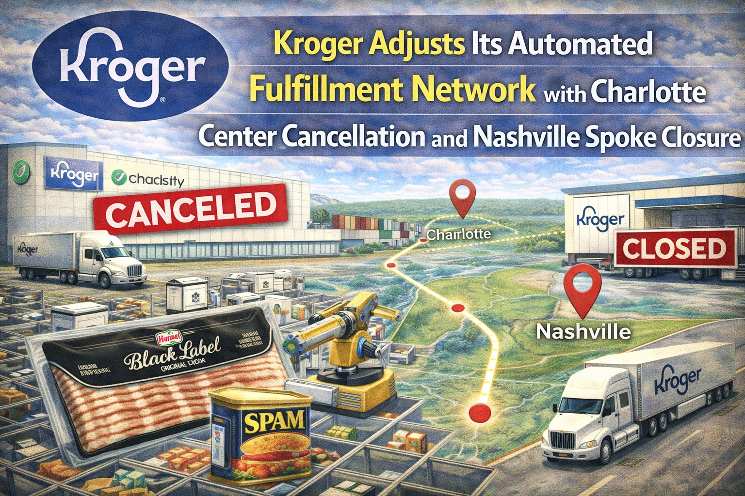 Kroger ajuste son réseau d'exécution automatisée avec l'annulation du centre de Charlotte et la fermeture du site satellite de Nashville.