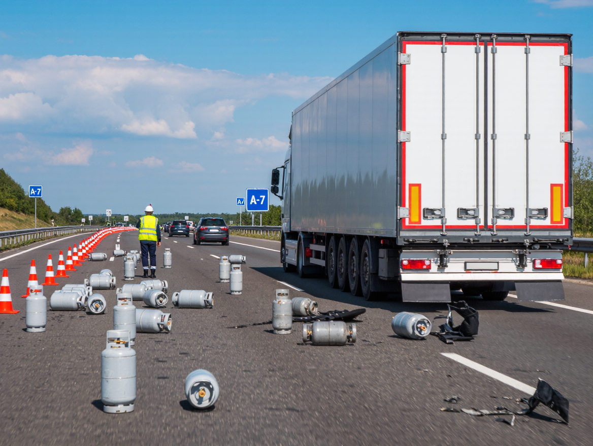 Incident op de A-7: Meer dan 200 butaancilinders vallen van vrachtwagen door klapband