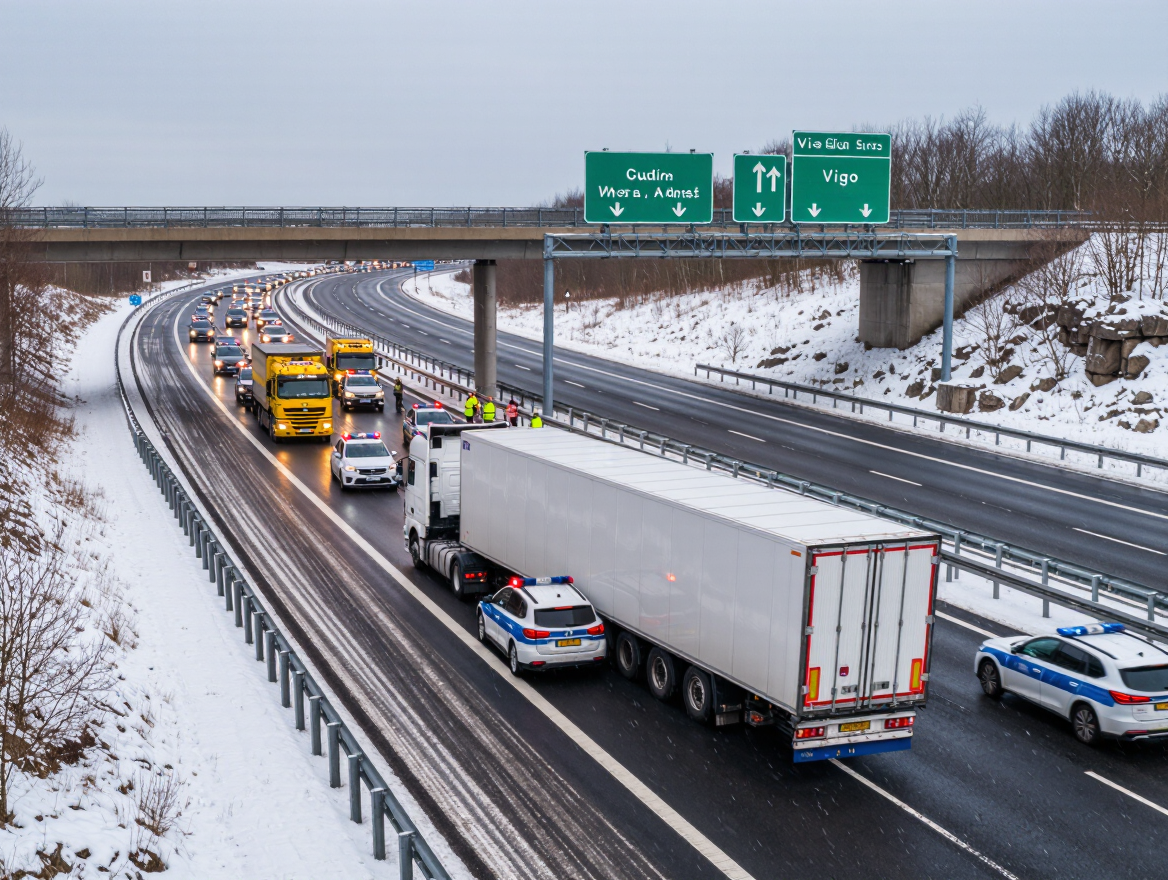 A-52 westbound at A Gudiña shut after snow-related truck accident en route to Vigo