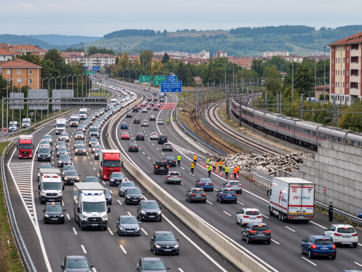 Grande congestionamento na C-32 depois da AP-7 em Martorell, após o encerramento devido a uma derrocada de um muro relacionada com um comboio.