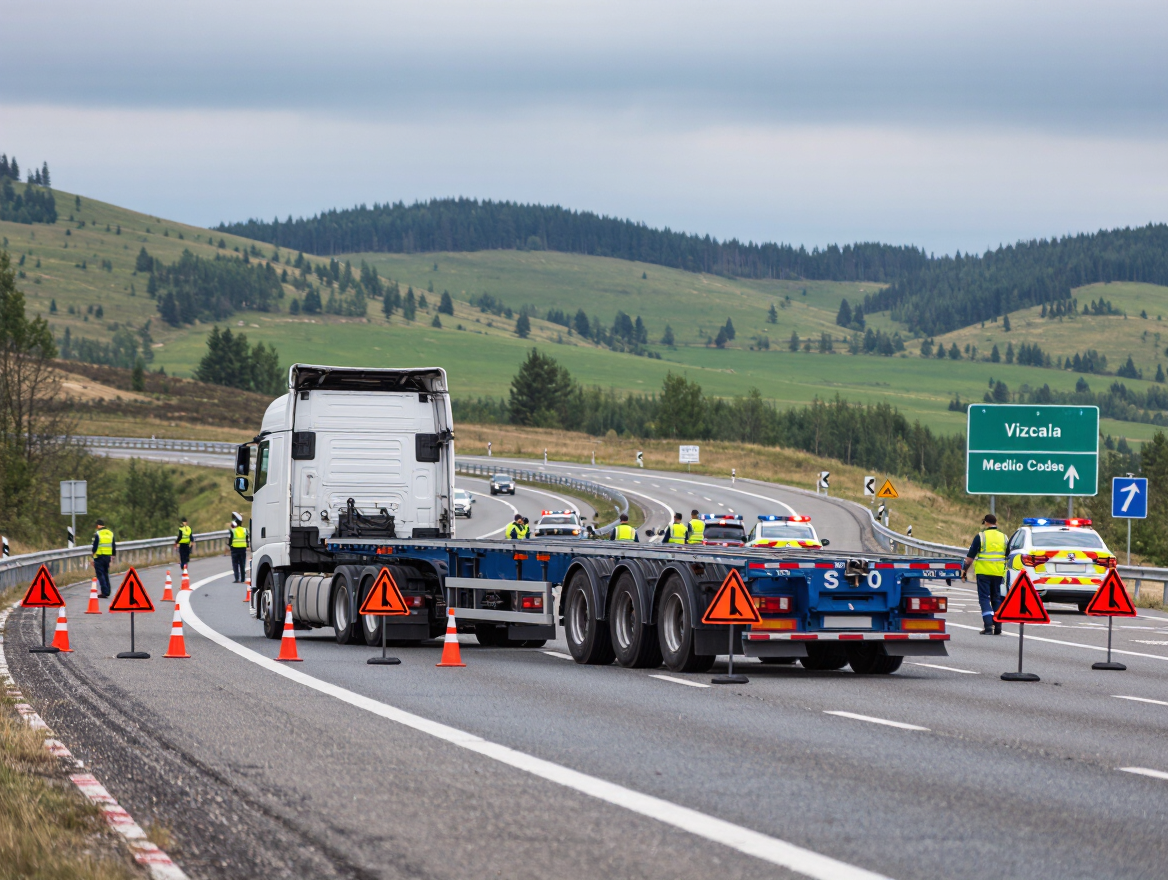 Overturned truck closes S-10 toward Vizcaya at km 7 near Medio Cudeyo